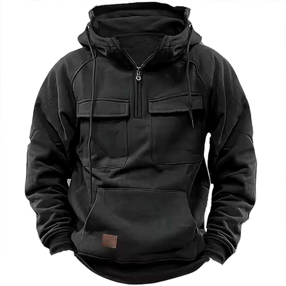 Men’s Hooded Jacket – Relaxed Fit – Leather – Flap Pockets – Zip Front