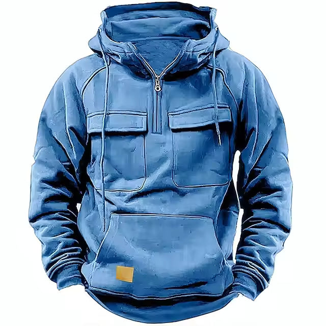 Men’s Hooded Jacket – Relaxed Fit – Leather – Flap Pockets – Zip Front