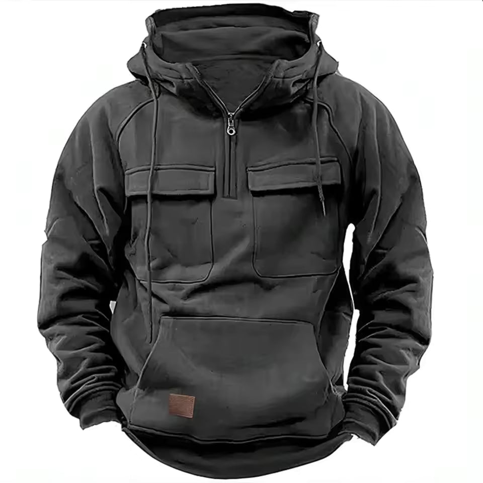 Men’s Hooded Jacket – Relaxed Fit – Leather – Flap Pockets – Zip Front