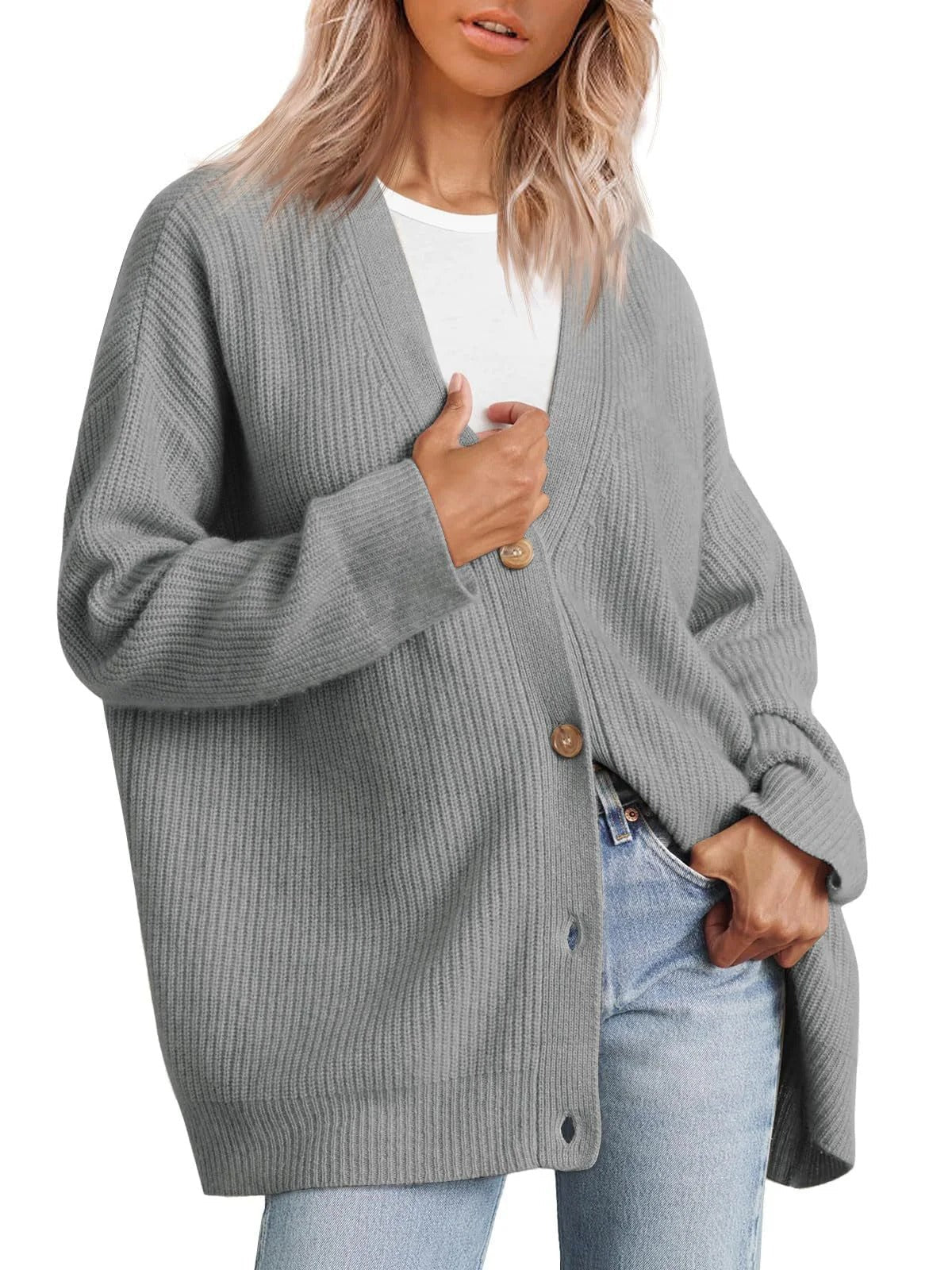 Women’s Cardigan – Oversized Fit – Ribbed Knit – Striped Button Front V-Neck