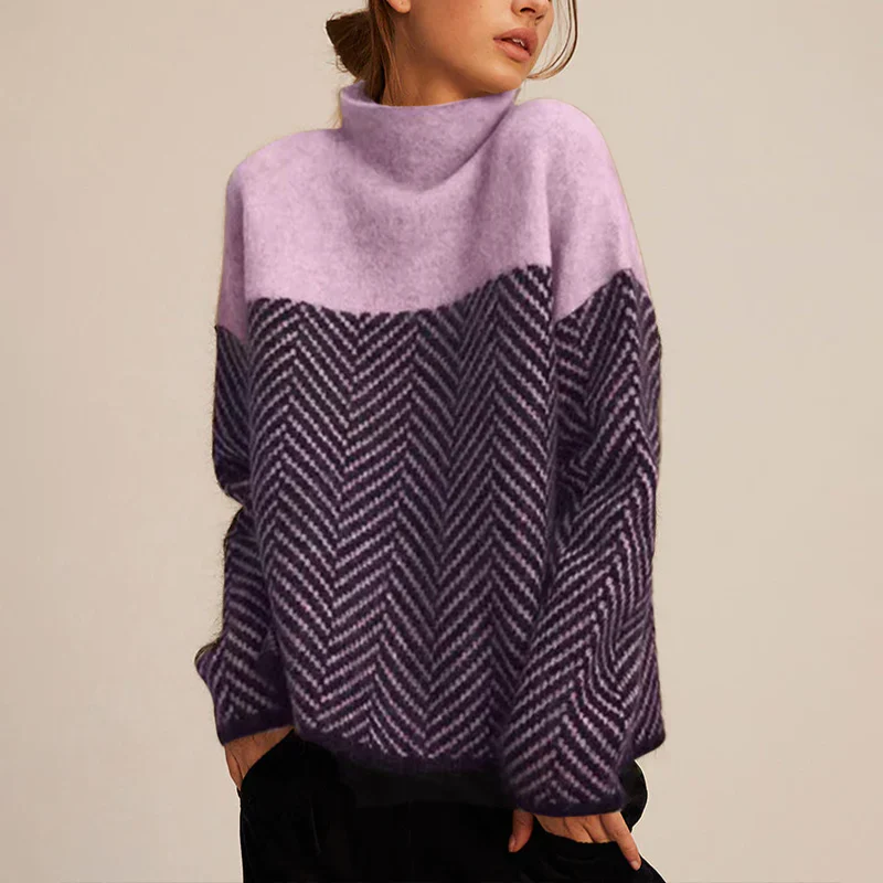 Women’s Turtleneck Sweater – Wool – Relaxed Fit – Chevron Knit – Hip Length – Ribbed Cuffs