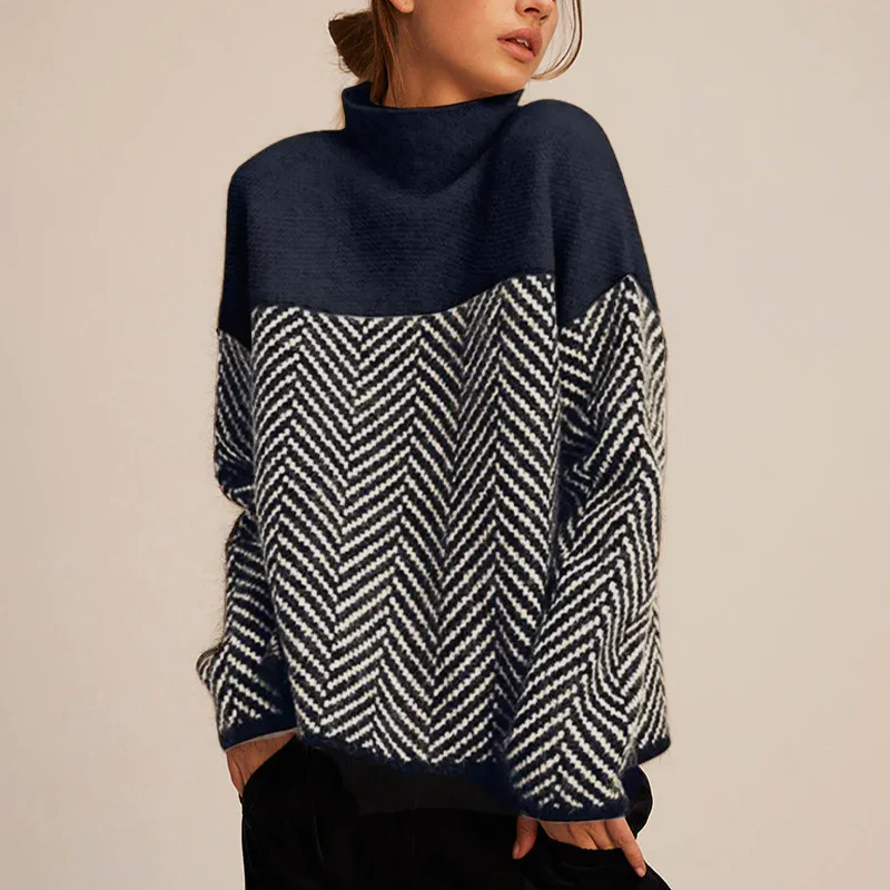Women’s Turtleneck Sweater – Wool – Relaxed Fit – Chevron Knit – Hip Length – Ribbed Cuffs