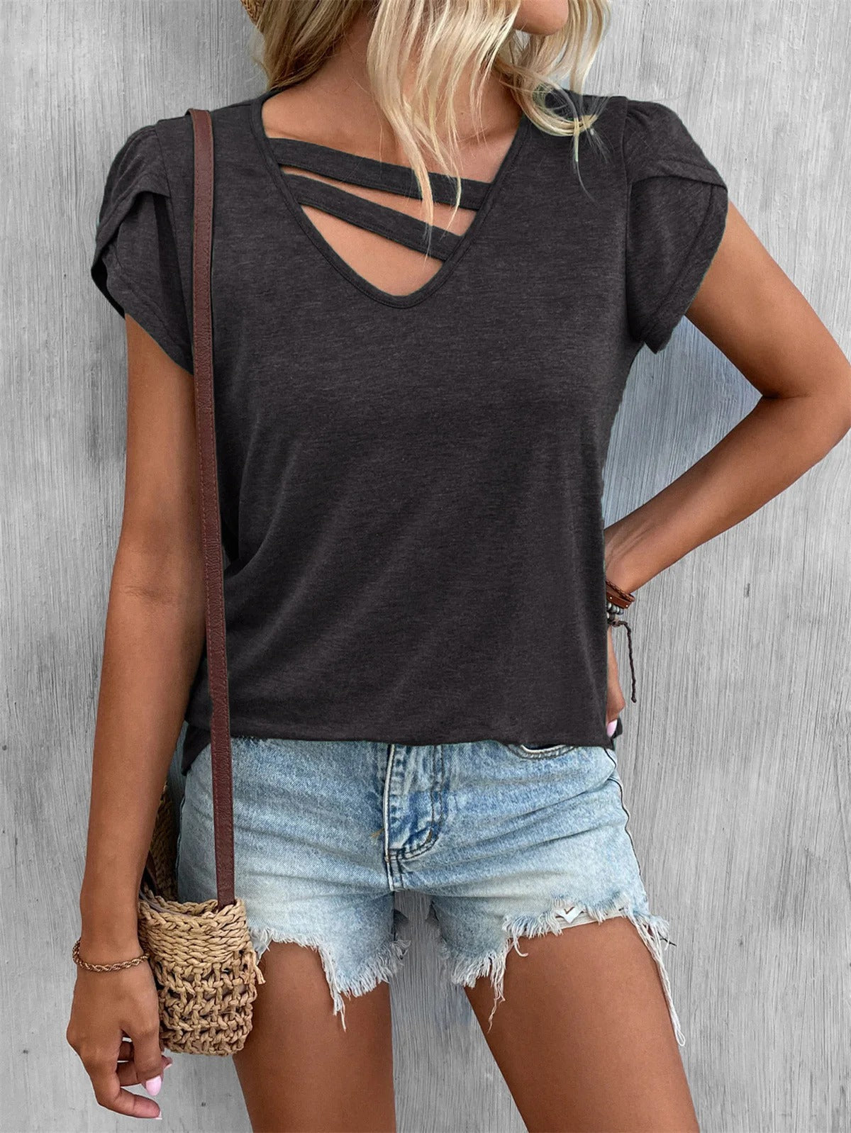 Women’s V-Neck Shirt – Soft Knit – Relaxed Fit – Cross Strap – Short Sleeve
