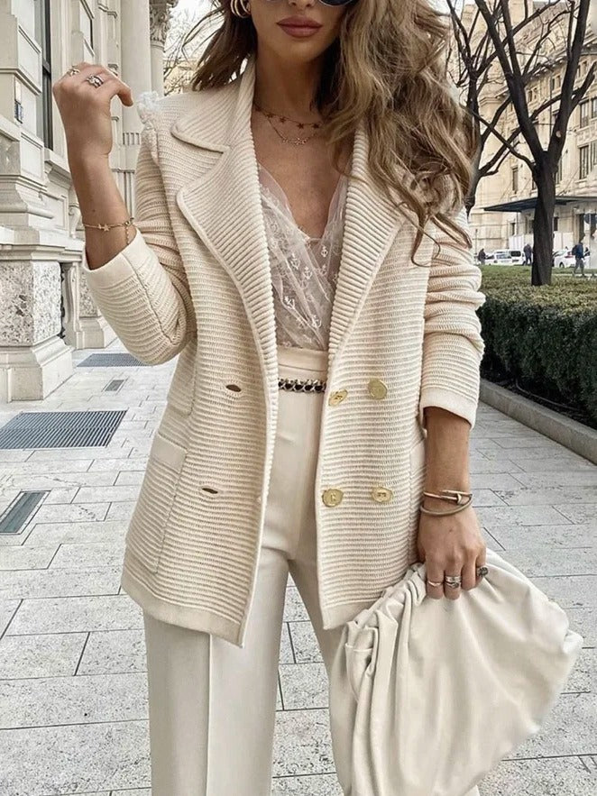 Women’s Tailored Jacket – Structured Fit – Ribbed Texture – Double-Breasted – Lapel Collar