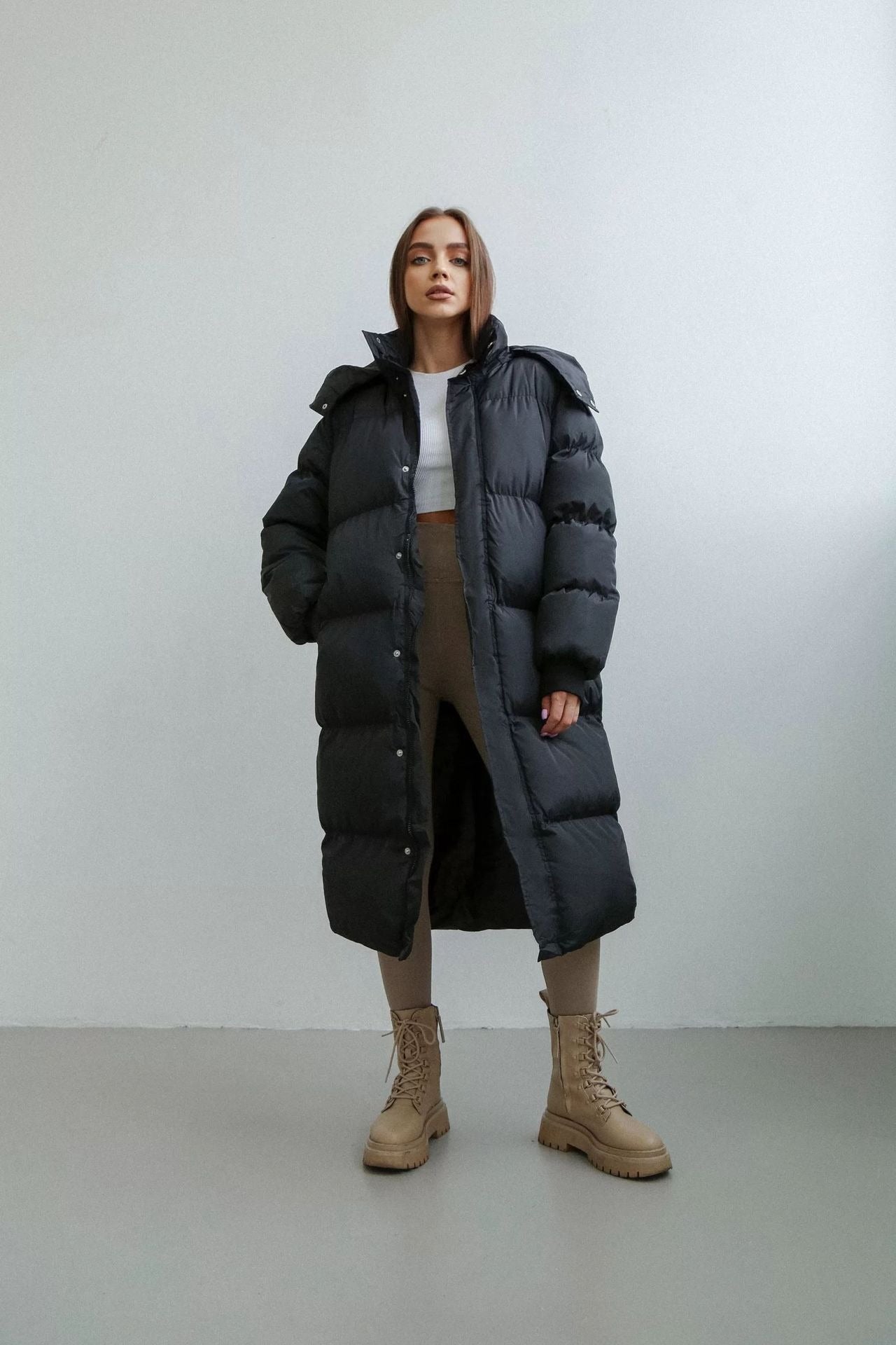 Women’s Long Puffer Trench Coat – Oversized Fit – Quilted Insulated – Hooded Zip Closure
