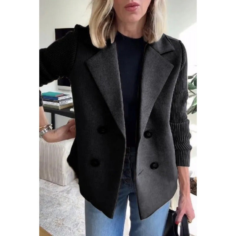 Women’s Wool Coat – Tailored Fit – Double-Breasted – Ribbed Sleeves – Lapel Collar