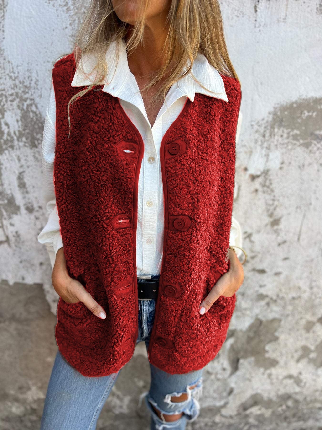 Women’s Vest – Shearling Fleece – Relaxed Fit – Button Front – Side Pockets