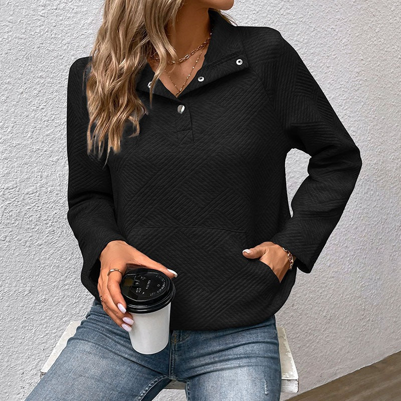 Women’s Sweatshirt – Quilted Fabric – Relaxed Fit – Stand Collar with Snap Buttons