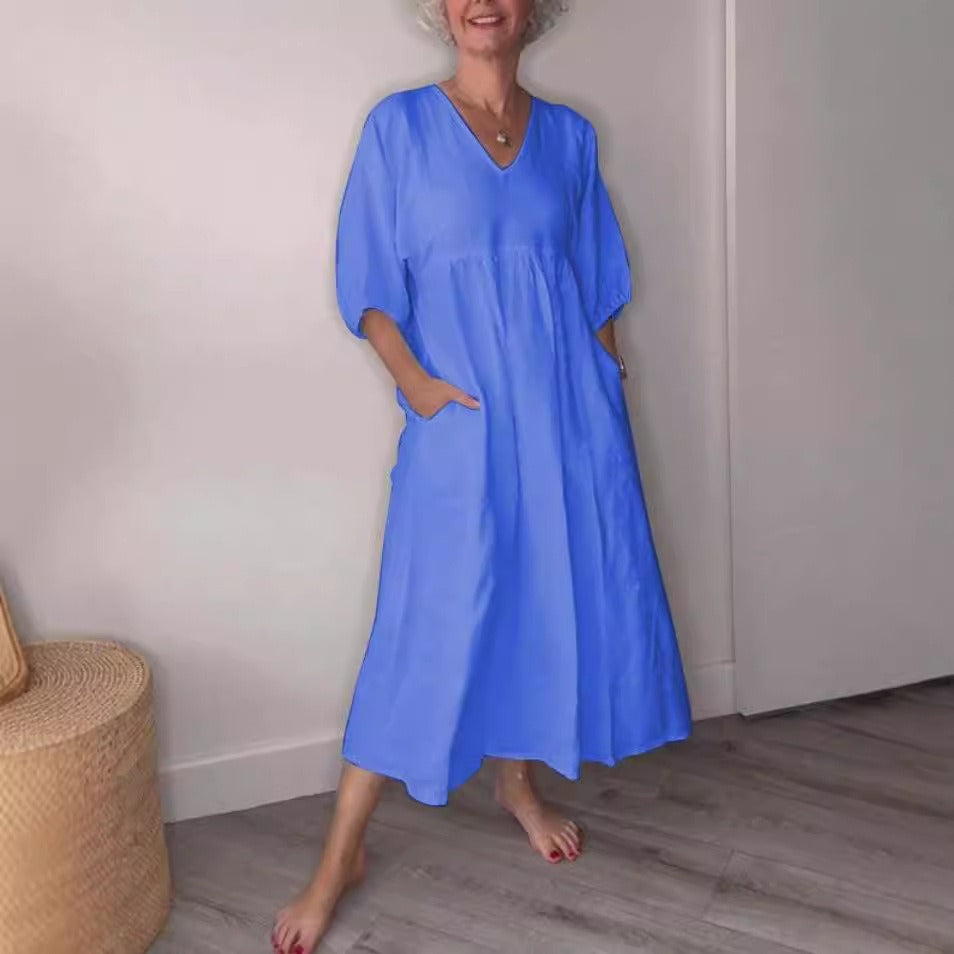 Women’s Midi Dress – Relaxed Fit – A-Line – Cotton Linen – V-Neck – Pockets – Cuffed Sleeves
