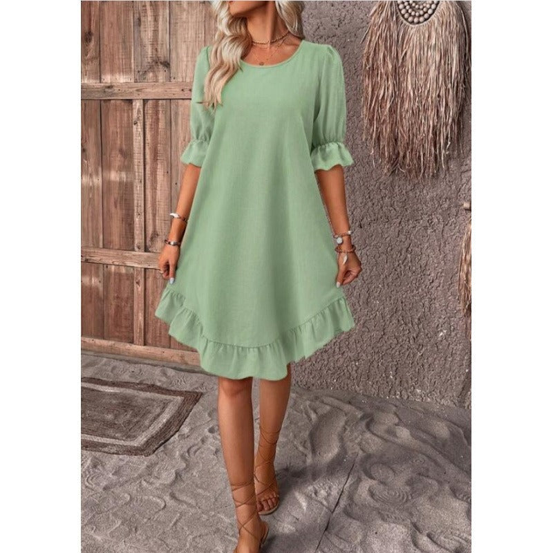 Women’s A-Line Dress – Relaxed Fit – Cotton Linen – Ruffle Trim – Midi Length