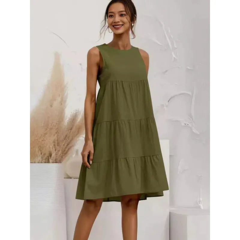 Women’s Midi Dress – Sleeveless Loose Fit – Tiered Ruffle – Cotton Linen Blend