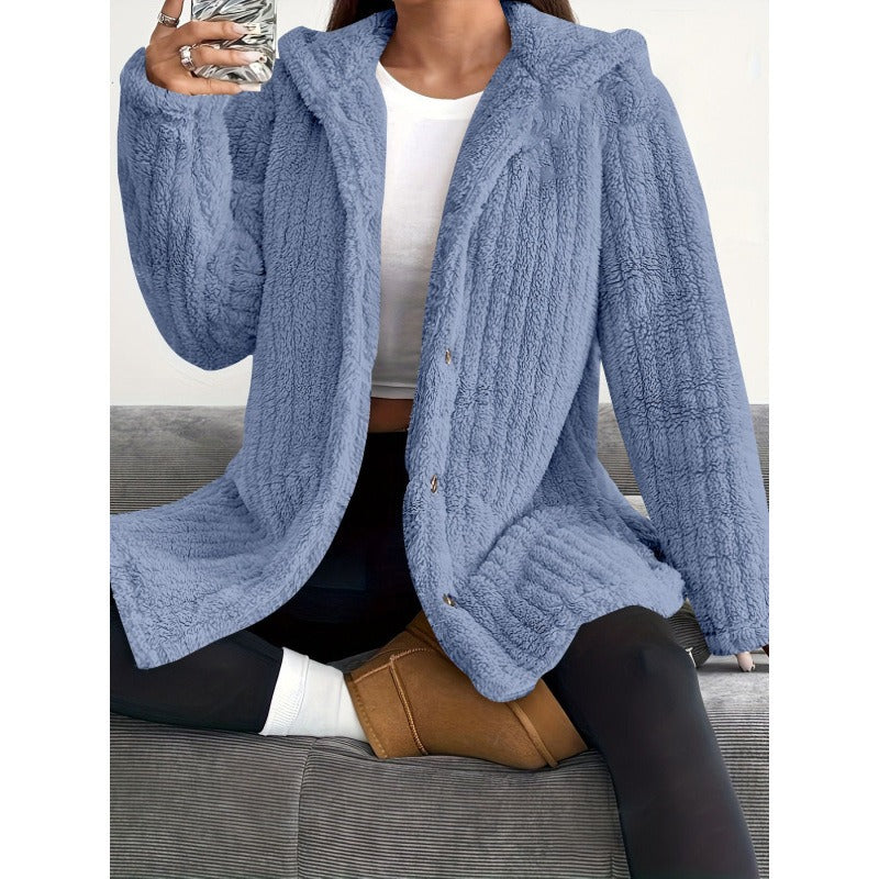 Women’s Coat – Oversized Fit – Plush Ribbed Texture – Hooded – Button Front Casual Layer