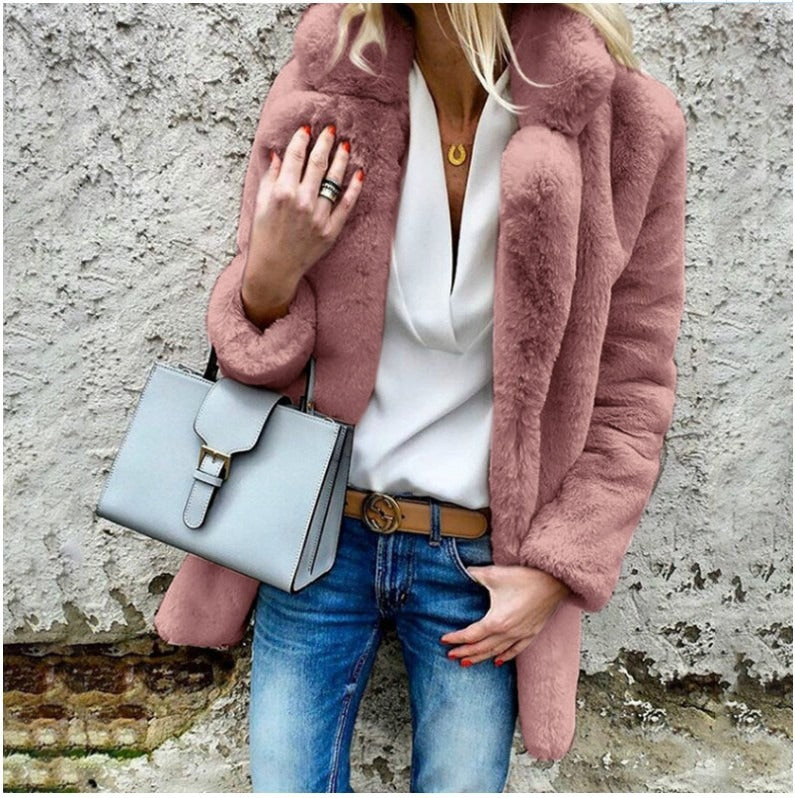 Women’s Faux Fur Coat – Oversized Fit – Fold-Over Collar – Long Sleeve Elegant Layer
