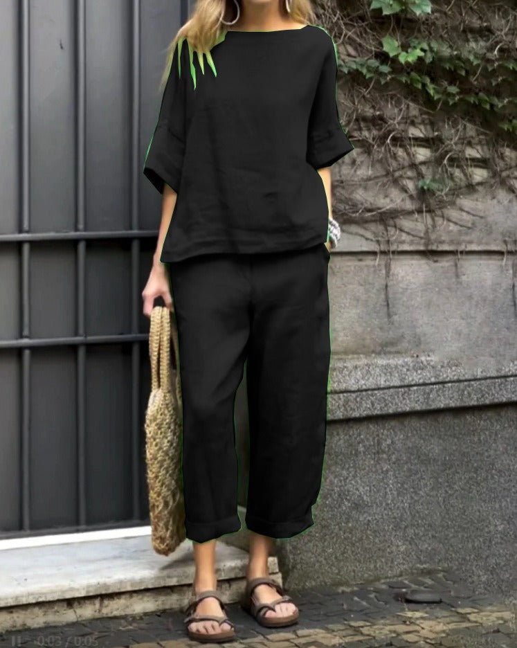 Women’s Trousers Suit – Relaxed Fit – Cotton Linen – Round Neck Top – Cropped Leg
