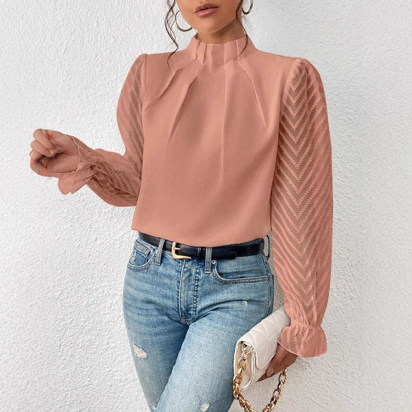 Women’s Long Sleeve Top – Sheer Textured Sleeves – High Neck – Relaxed Fit