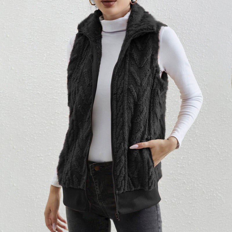Women’s Sleeveless Vest – Jacquard Fleece – Zip Front – High Collar – Relaxed Fit
