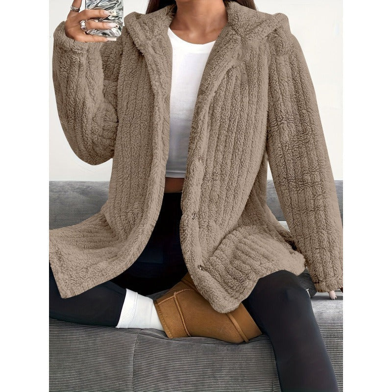 Women’s Coat – Oversized Fit – Plush Ribbed Texture – Hooded – Button Front Casual Layer