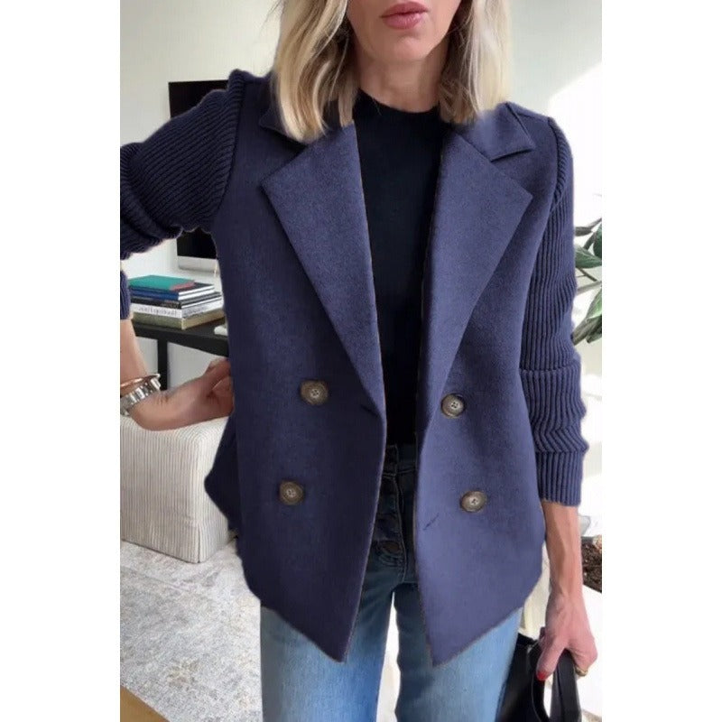 Women’s Wool Coat – Tailored Fit – Double-Breasted – Ribbed Sleeves – Lapel Collar