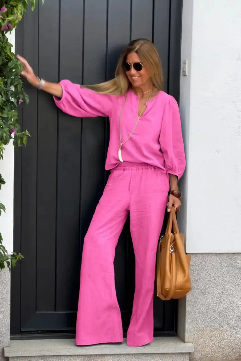 Women’s Top and Pants Set – Cotton Linen – V-Neck – 3/4 Sleeve – Wide-Leg Relaxed Fit