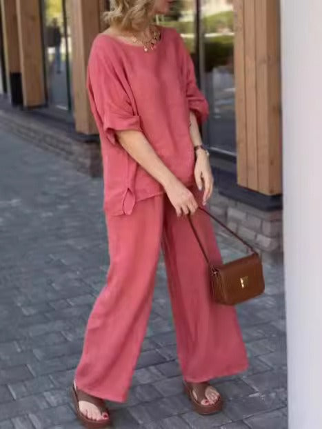 Women’s Two-Piece Set – Relaxed Fit – Cotton Linen – Wide Leg Trousers – Short Sleeve Top