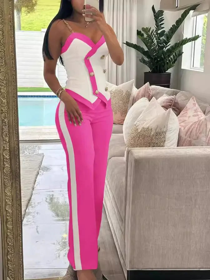 Women’s Suspender Suit – Tailored Fit – Double-Breasted Top – Animal Print Detail – Full-Length Trousers