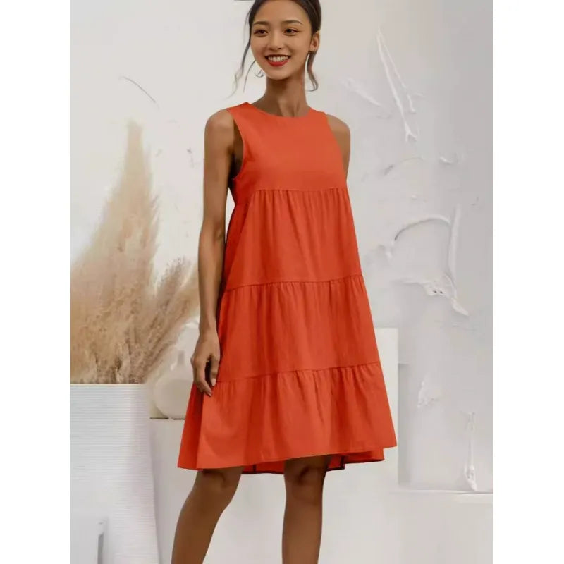 Women’s Midi Dress – Sleeveless Loose Fit – Tiered Ruffle – Cotton Linen Blend