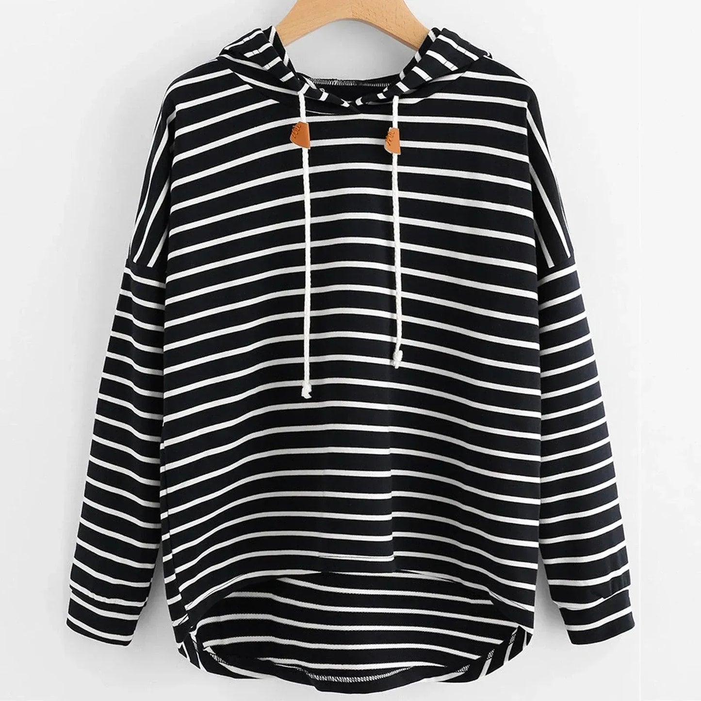 Women’s Hooded Top – Relaxed Fit – Jersey Knit – Striped – High-Low Hem – Drawstring