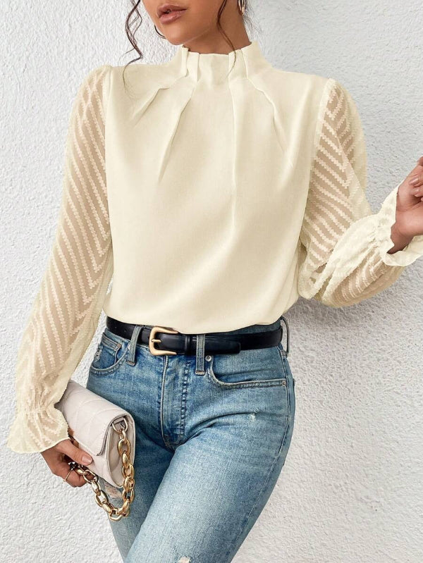 Women’s Long Sleeve Top – Sheer Textured Sleeves – High Neck – Relaxed Fit