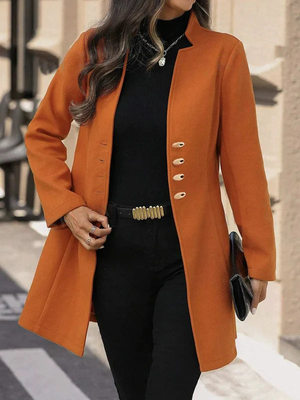 Women’s Mid-Length Coat – Slim Fit – Wool Blend – Classic Lapel – Button Front
