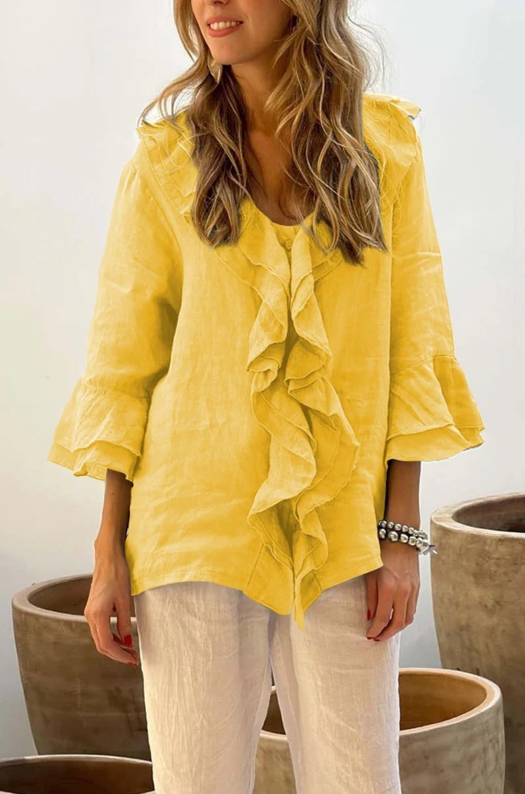 Women’s V-Neck Top – Loose Fit – Ruffle Trim – Bell Sleeves – Lightweight Linen