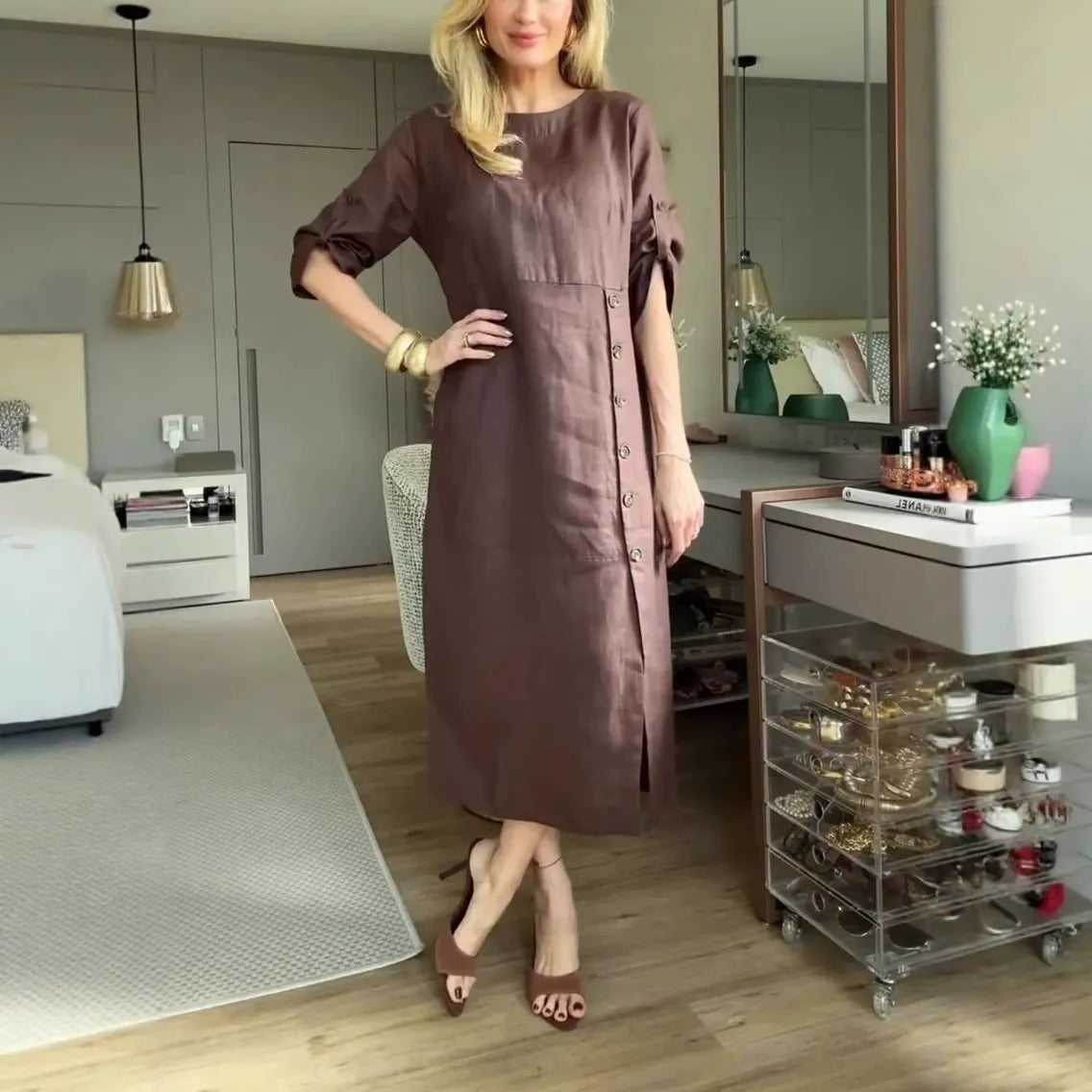 Women’s Midi Dress – Relaxed Fit – Cotton Linen – Side Buttons – Short Sleeve