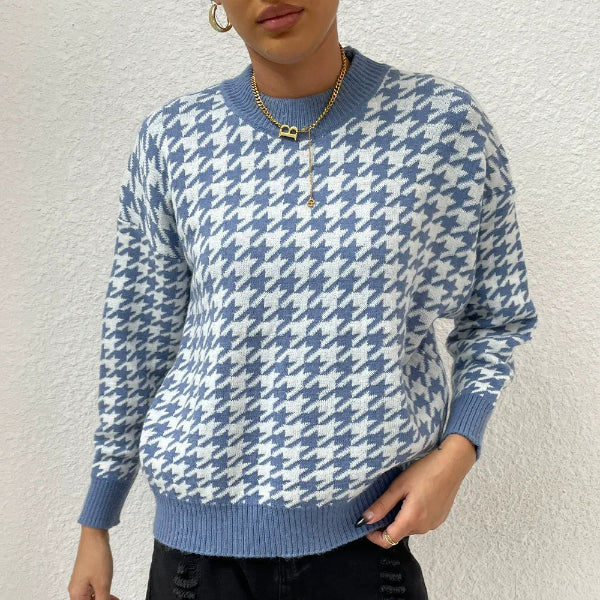 Women’s Pullover Sweater – Relaxed Fit – Houndstooth Knit – Ribbed Trim – Round Neck