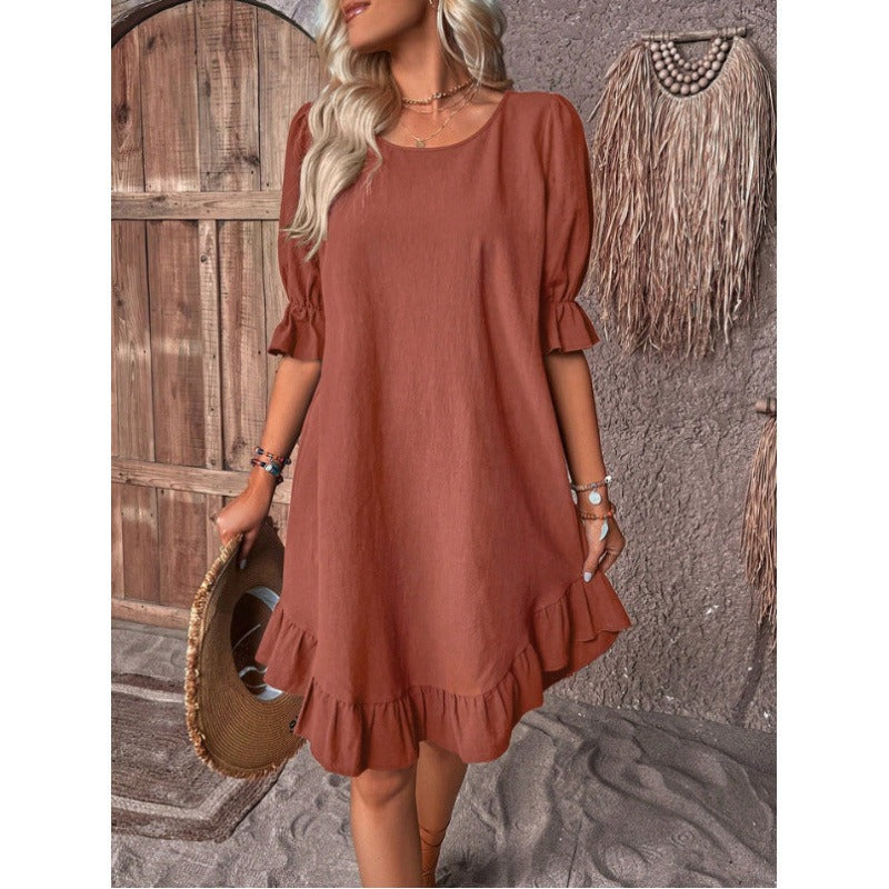 Women’s A-Line Dress – Relaxed Fit – Cotton Linen – Ruffle Trim – Midi Length