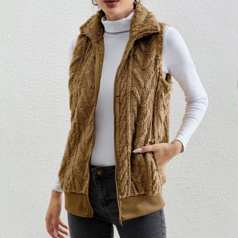 Women’s Sleeveless Vest – Jacquard Fleece – Zip Front – High Collar – Relaxed Fit