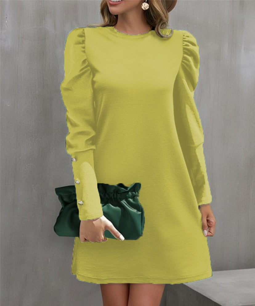 Women’s Long Sleeve Dress – A-Line Fit – Puff Sleeve – Button Cuff – Round Neckline