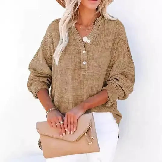 Women’s Shirt – Loose Fit – Cotton – Pleated Front – Button-Up Long Sleeve