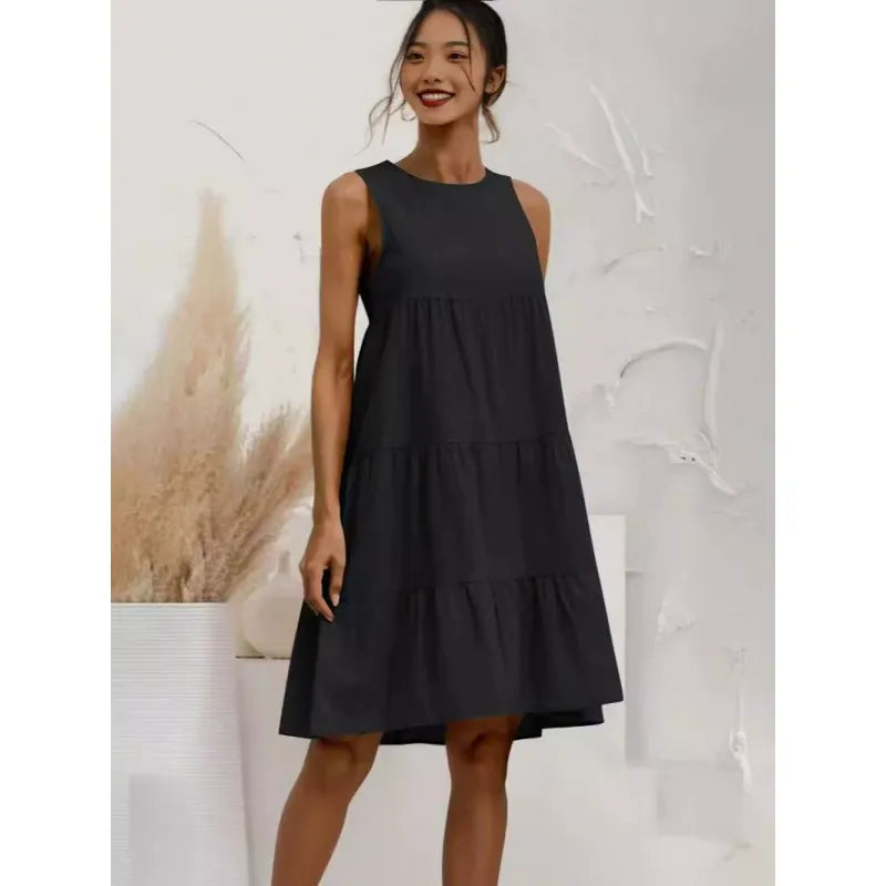 Women’s Midi Dress – Sleeveless Loose Fit – Tiered Ruffle – Cotton Linen Blend