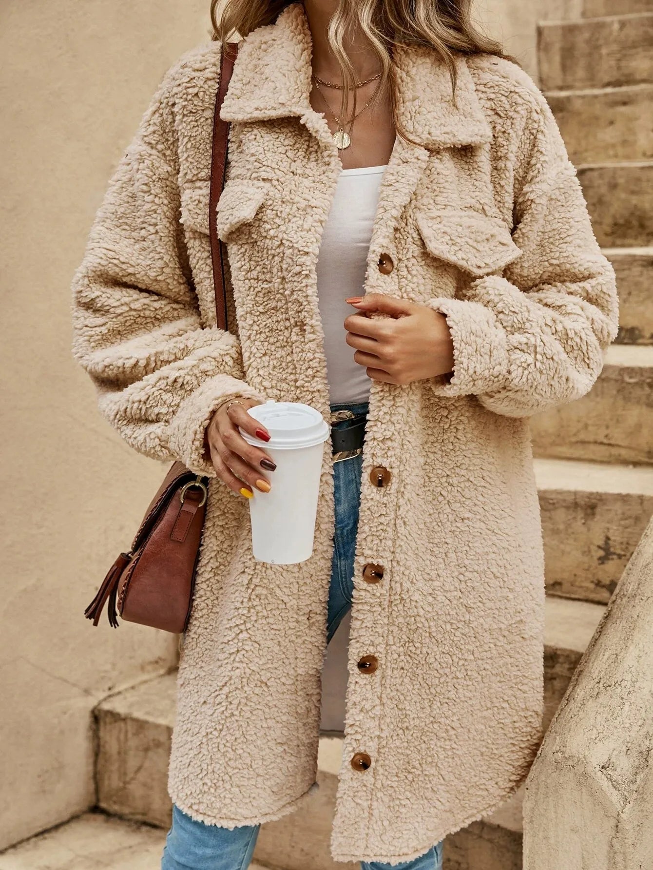 Women’s Plush Coat – Oversized Fit – Sherpa Texture – Button-Down with Lapel – Knee Length