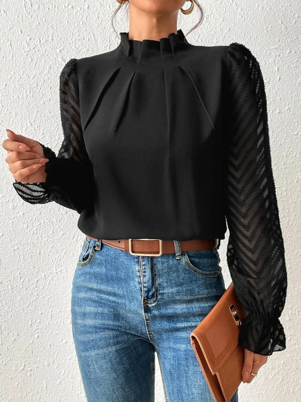 Women’s Long Sleeve Top – Sheer Textured Sleeves – High Neck – Relaxed Fit