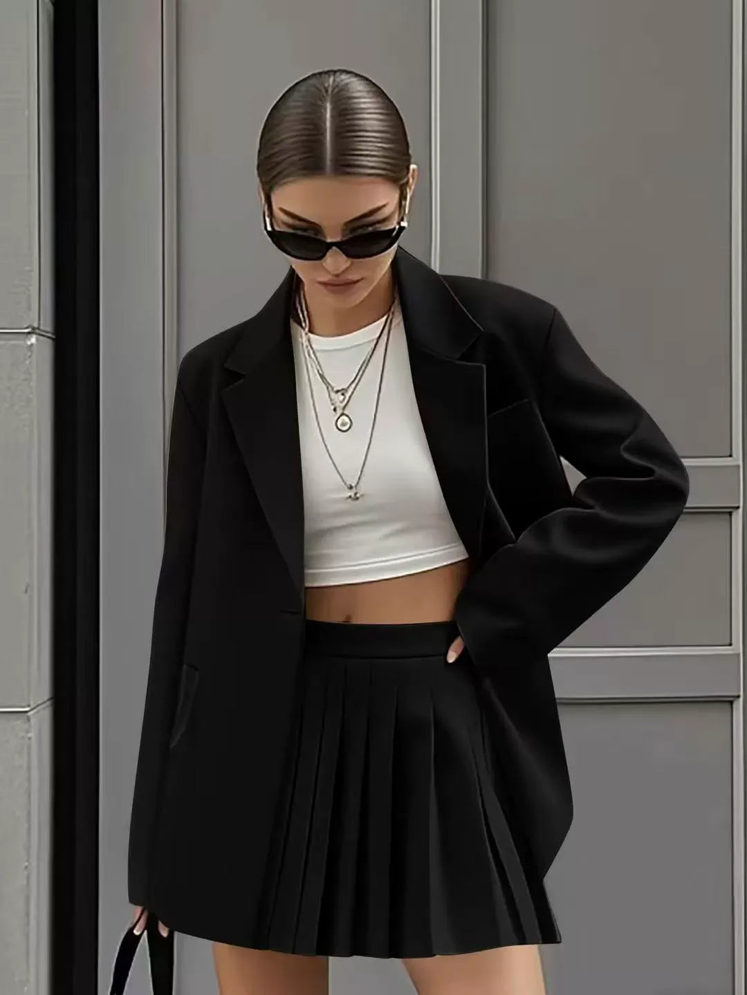 Women’s Skirt Suit Set – Relaxed Fit Blazer – High Waist Pleated Mini Skirt