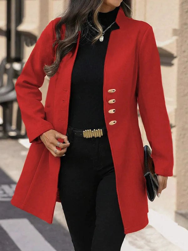 Women’s Mid-Length Coat – Slim Fit – Wool Blend – Classic Lapel – Button Front