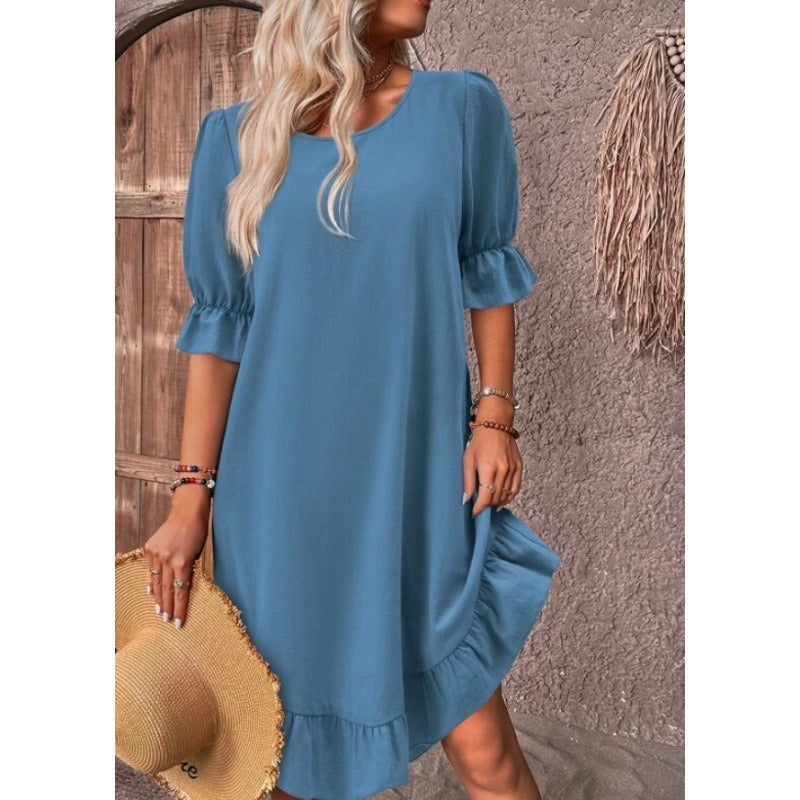 Women’s A-Line Dress – Relaxed Fit – Cotton Linen – Ruffle Trim – Midi Length