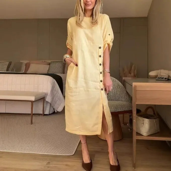 Women’s Midi Dress – Relaxed Fit – Cotton Linen – Side Buttons – Short Sleeve