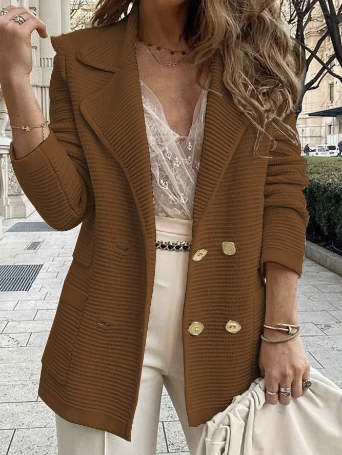 Women’s Tailored Jacket – Structured Fit – Ribbed Texture – Double-Breasted – Lapel Collar