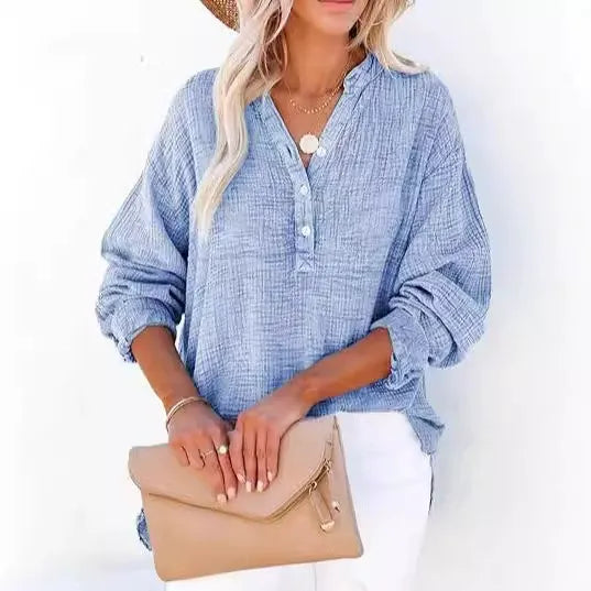 Women’s Shirt – Loose Fit – Cotton – Pleated Front – Button-Up Long Sleeve
