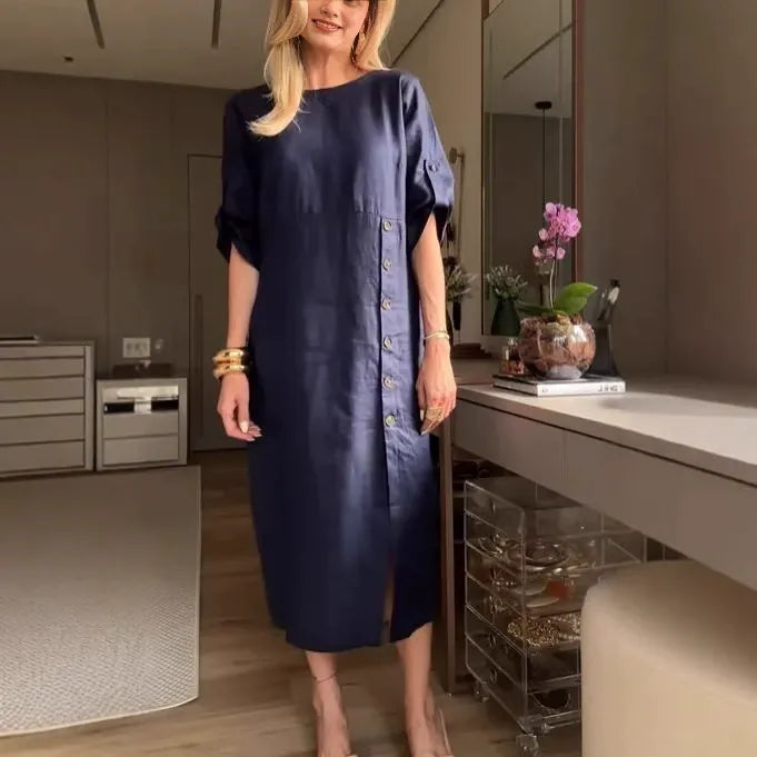 Women’s Midi Dress – Relaxed Fit – Cotton Linen – Side Buttons – Short Sleeve