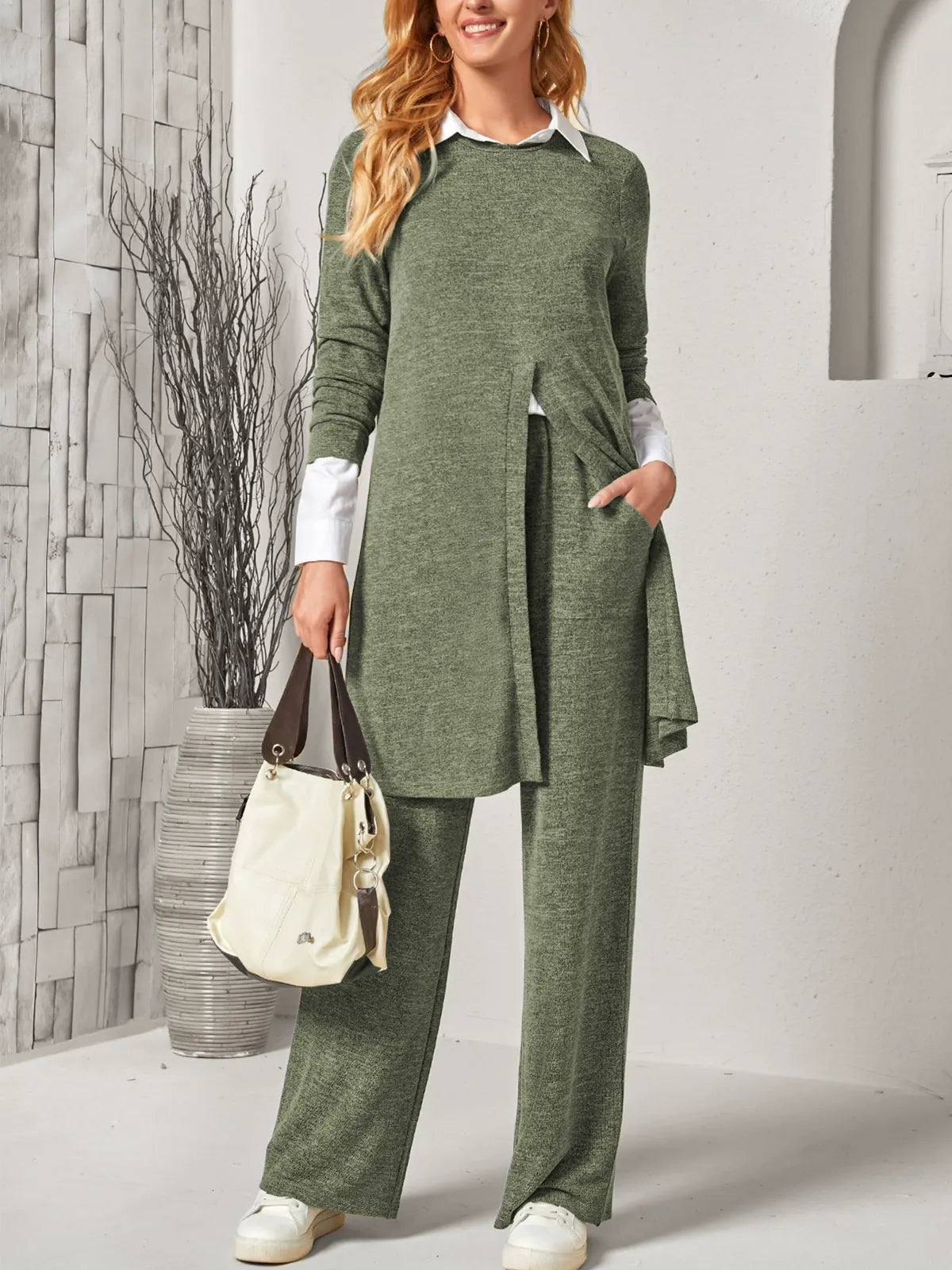 Women’s Two Piece Suit – Long Slit Top – Relaxed Fit Trousers – Soft Knit Feel