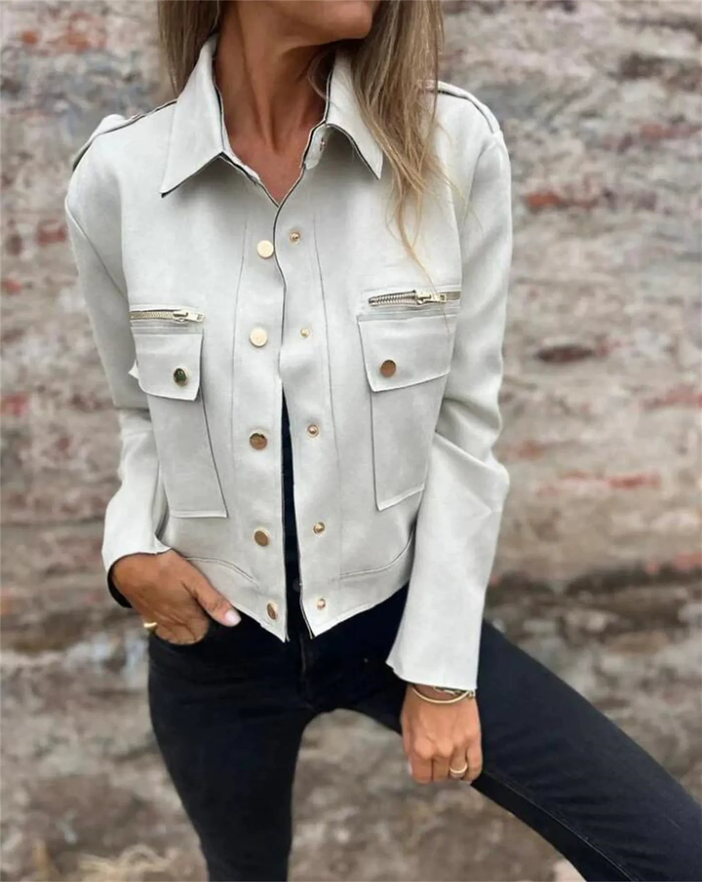 Women’s Suede Jacket – Tailored Fit – Classic Collar – Zip Front – Chest Snap Pockets