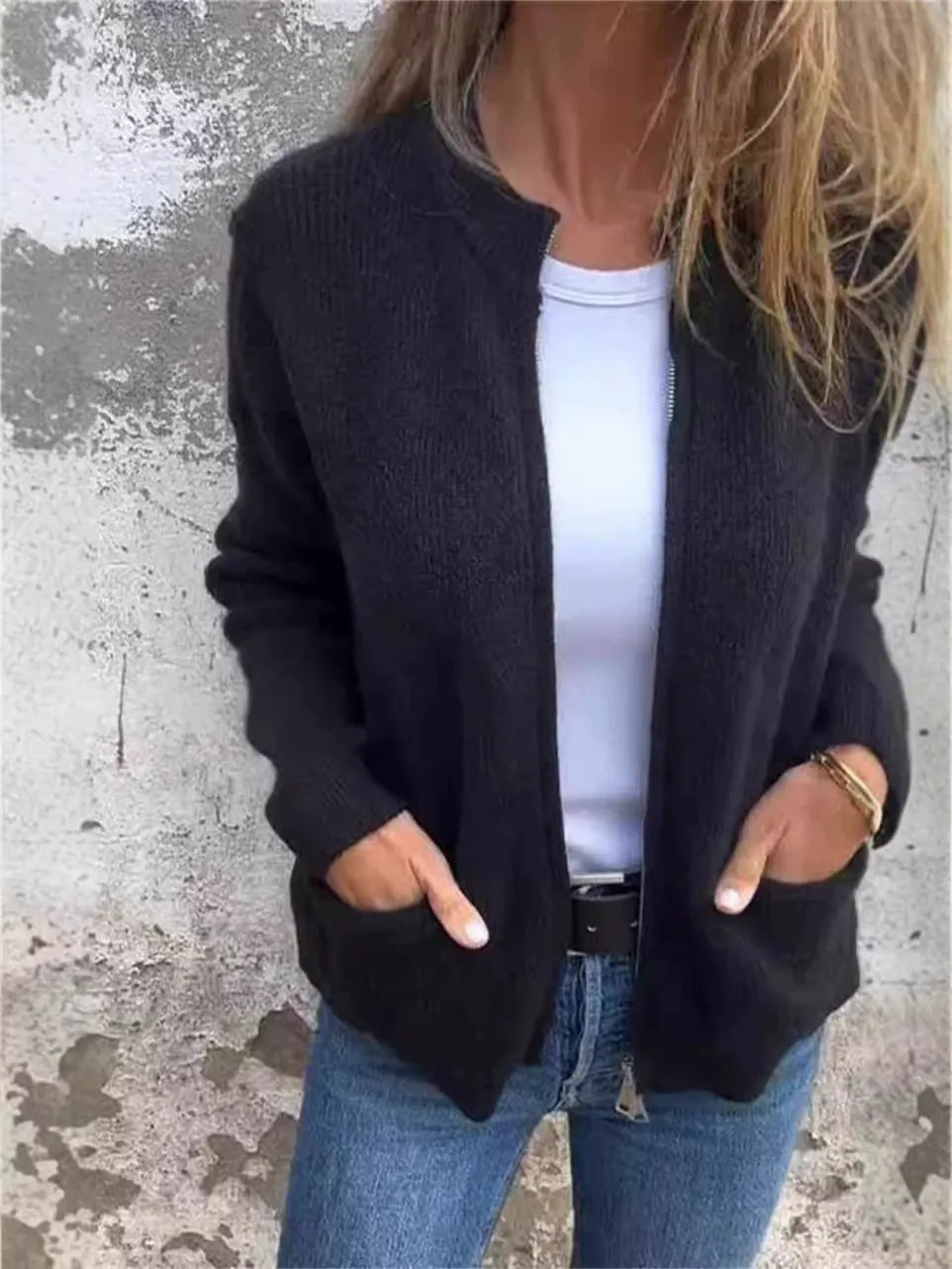 Women’s Jacket – Ribbed Knit – Loose Fit – Stand Collar – Zip Front – Hip Length