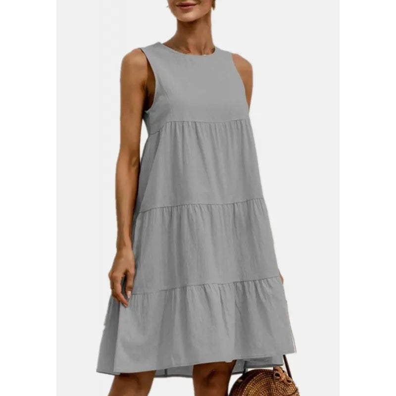 Women’s Midi Dress – Sleeveless Loose Fit – Tiered Ruffle – Cotton Linen Blend